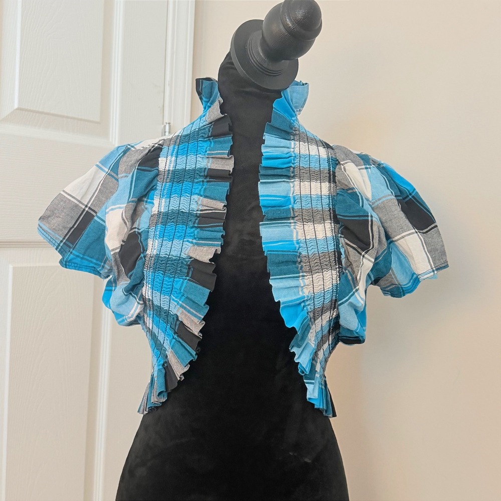 Vintage Goddess Blue Black Plaid Ruffle Short Sleeve Cardigan Jacket Y2K SZ XL
